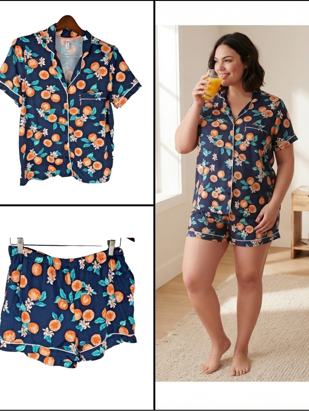 Joyspun Womens Navy Orange Short Sleeve Top & Shorts PJ Set L 12-14 Sun Kissed